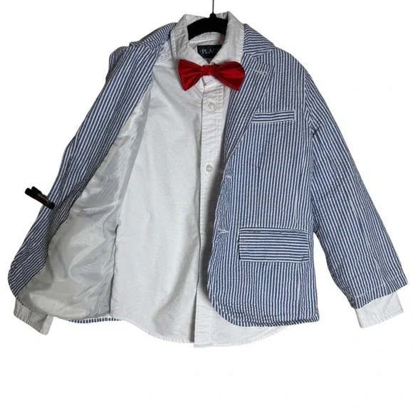 Carter's Seersucker Blazer Button Up Bow Tie Set Blue Stripe Size 5 - Picture 2 of 8